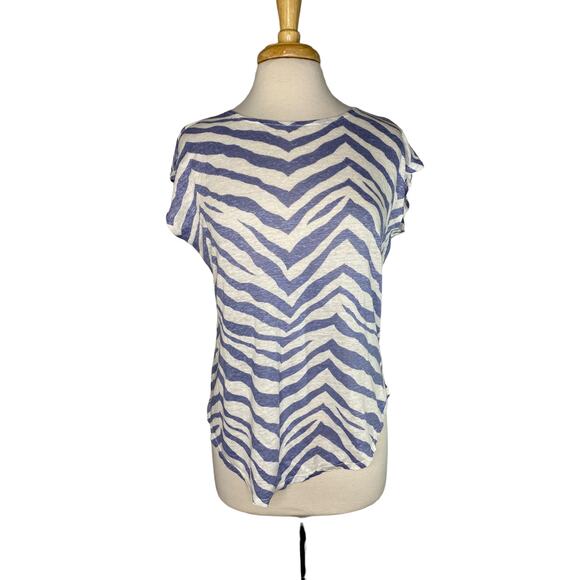 TAHARI 100% Linen Blue White Zebra Stripe Cap Sleeve Knit Top Size Large Womens - Picture 1 of 9